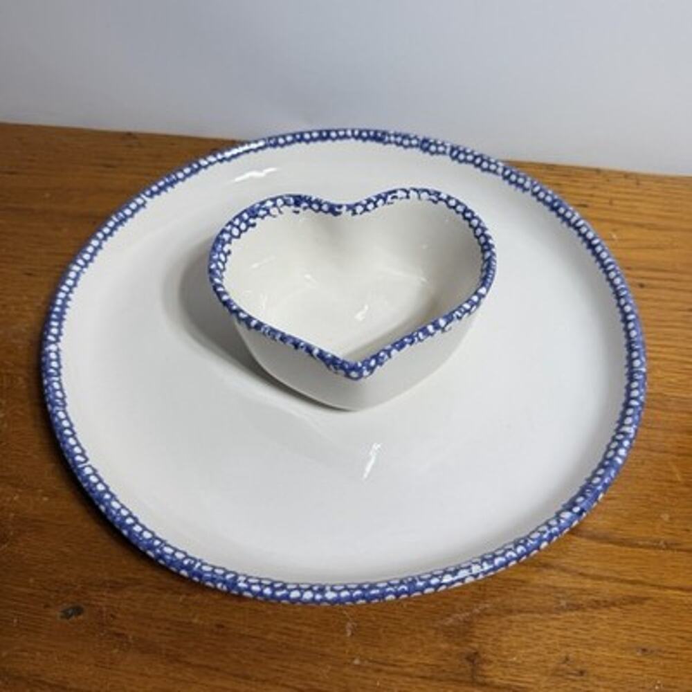 Vtg Cottage Core Blue White Heart Sponge Painted Chip Dip Plate 90s Cottage 11"